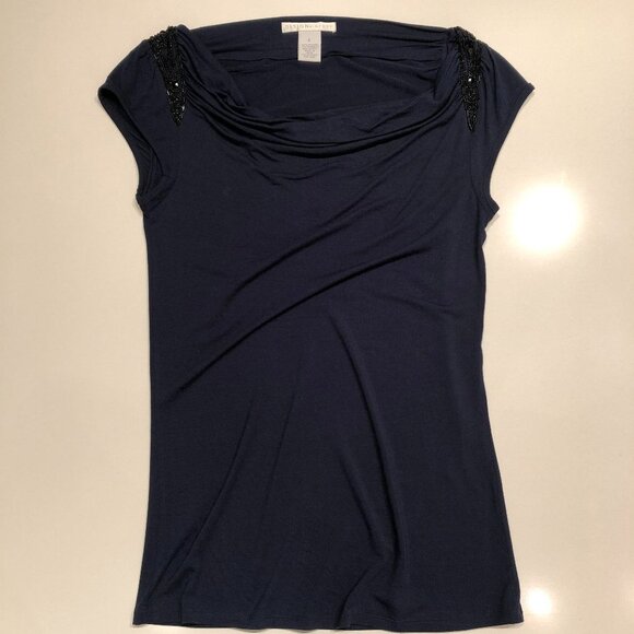 Design History Cowl Neck Cap Sleeve Beaded Sequin Detail Top Navy + Black Size S - Picture 3 of 11